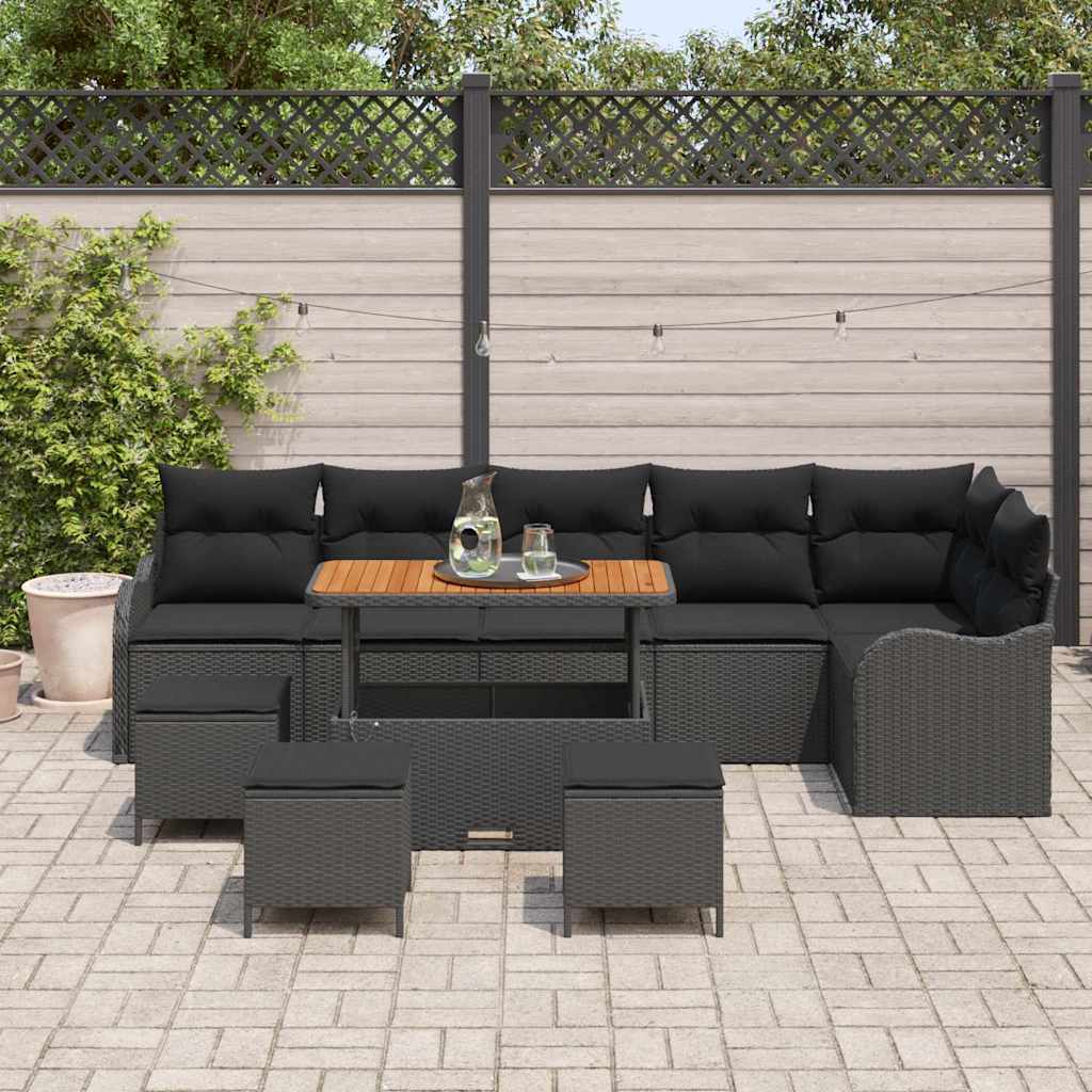 vidaXL 10-delige tuinsofa set met kussens in zwart poly rattan en acacia