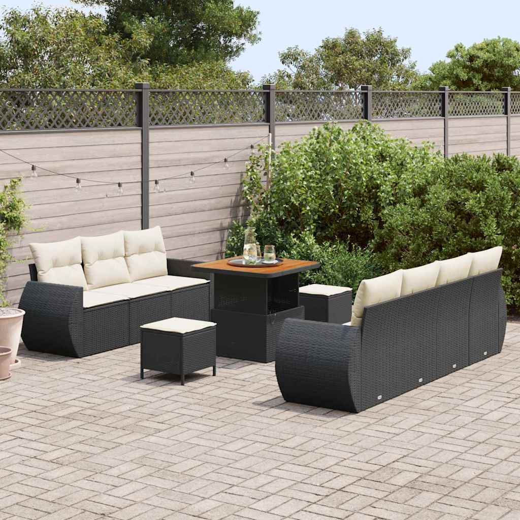 vidaXL 10-delige tuinbankset met kussens in zwart poly riet en acacia