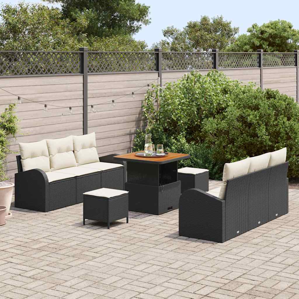 vidaXL 9-delige tuinsofa set met kussens in zwart van poly rattan en acacia