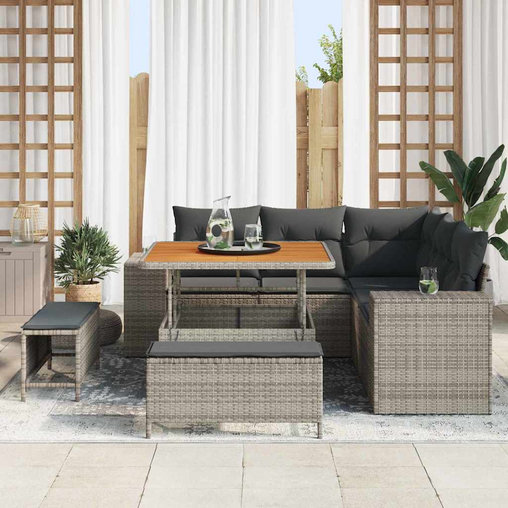 vidaXL 8-delige tuinset met kussens in grijs poly rattan en acacia