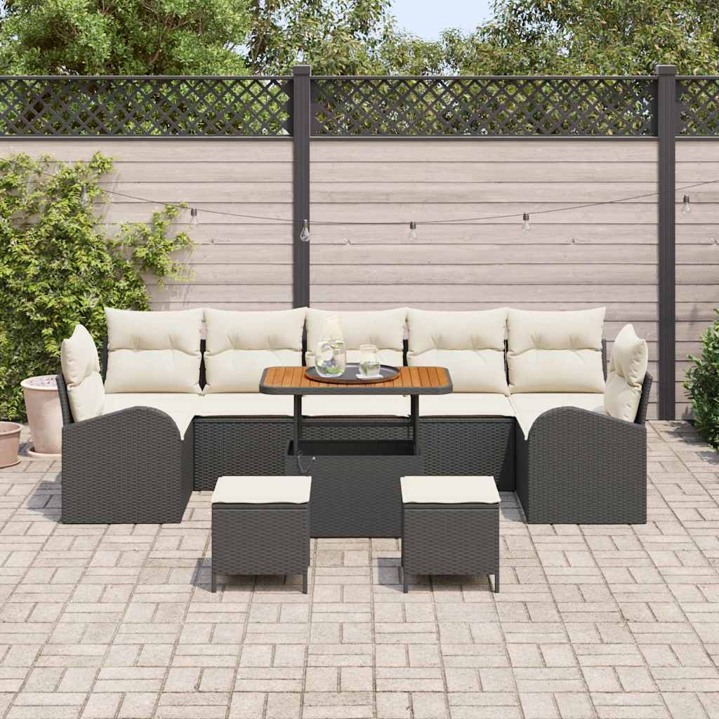 vidaXL 10-delige Tuinbank Set met Kussens in Zwart van Poly Rattan en Acacia