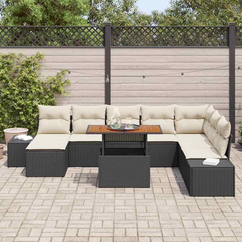 vidaXL 9-delige tuinset met kussens, zwart poly rattan