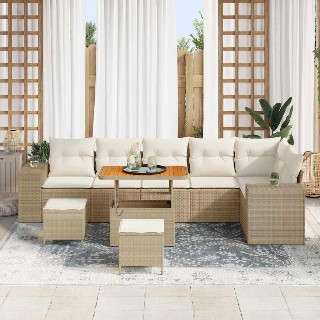 vidaXL 9-delige tuinbankset met kussens in beige poly rattan en acacia.