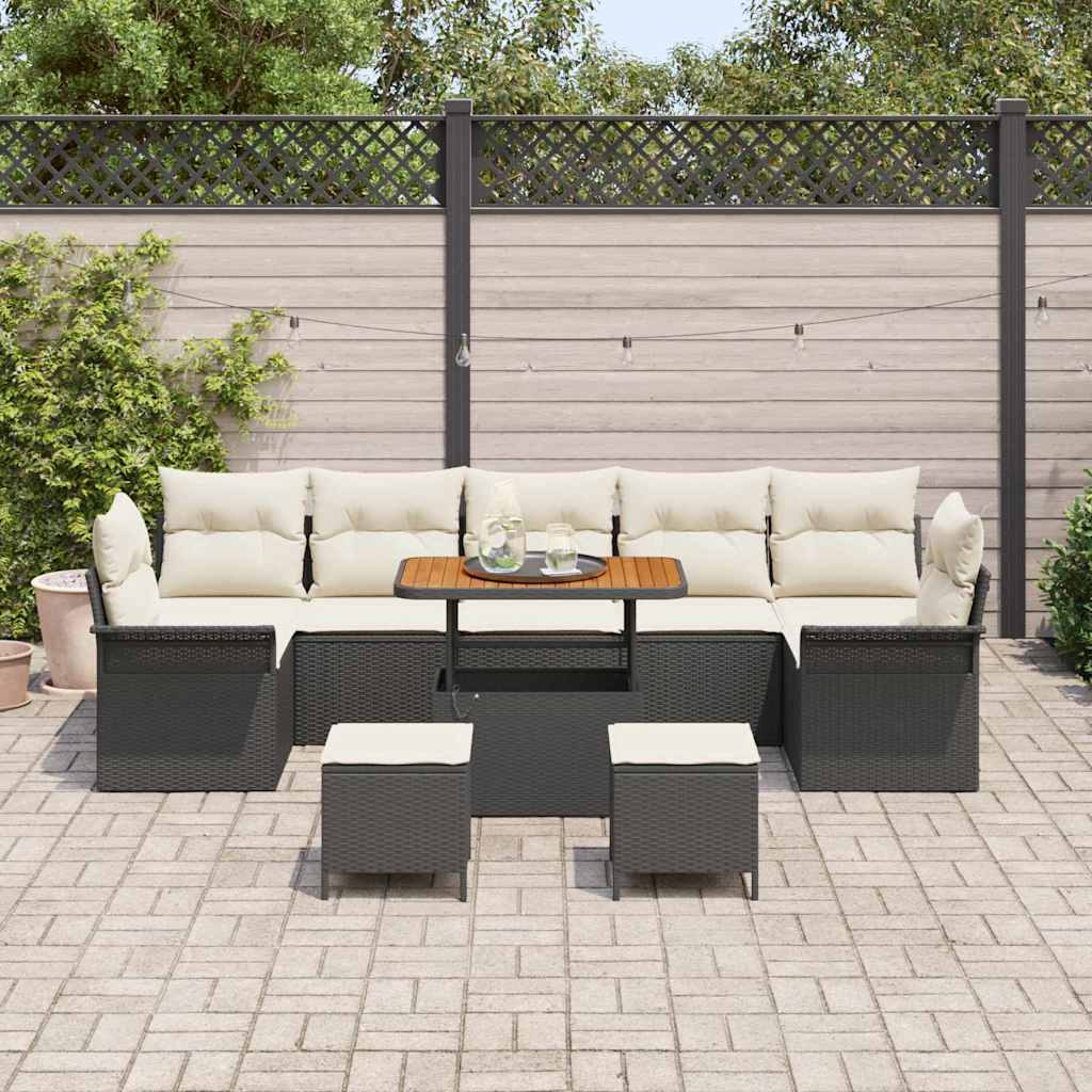 vidaXL 10-delige tuinset met zwarte kussens van poly rattan en acacia hout.