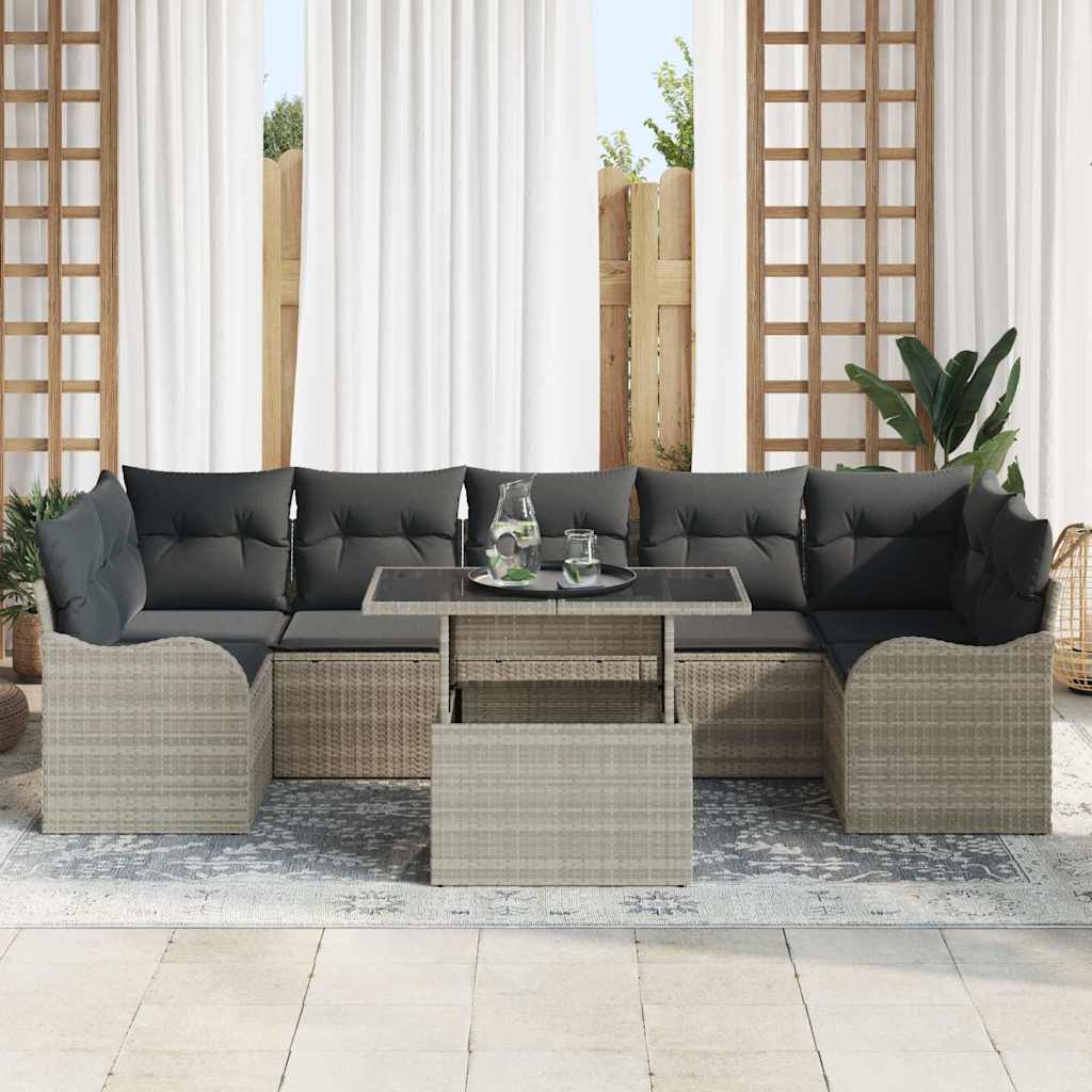 vidaXL 8-delige Tuinbankenset met kussens poly rattan lichtgrijs