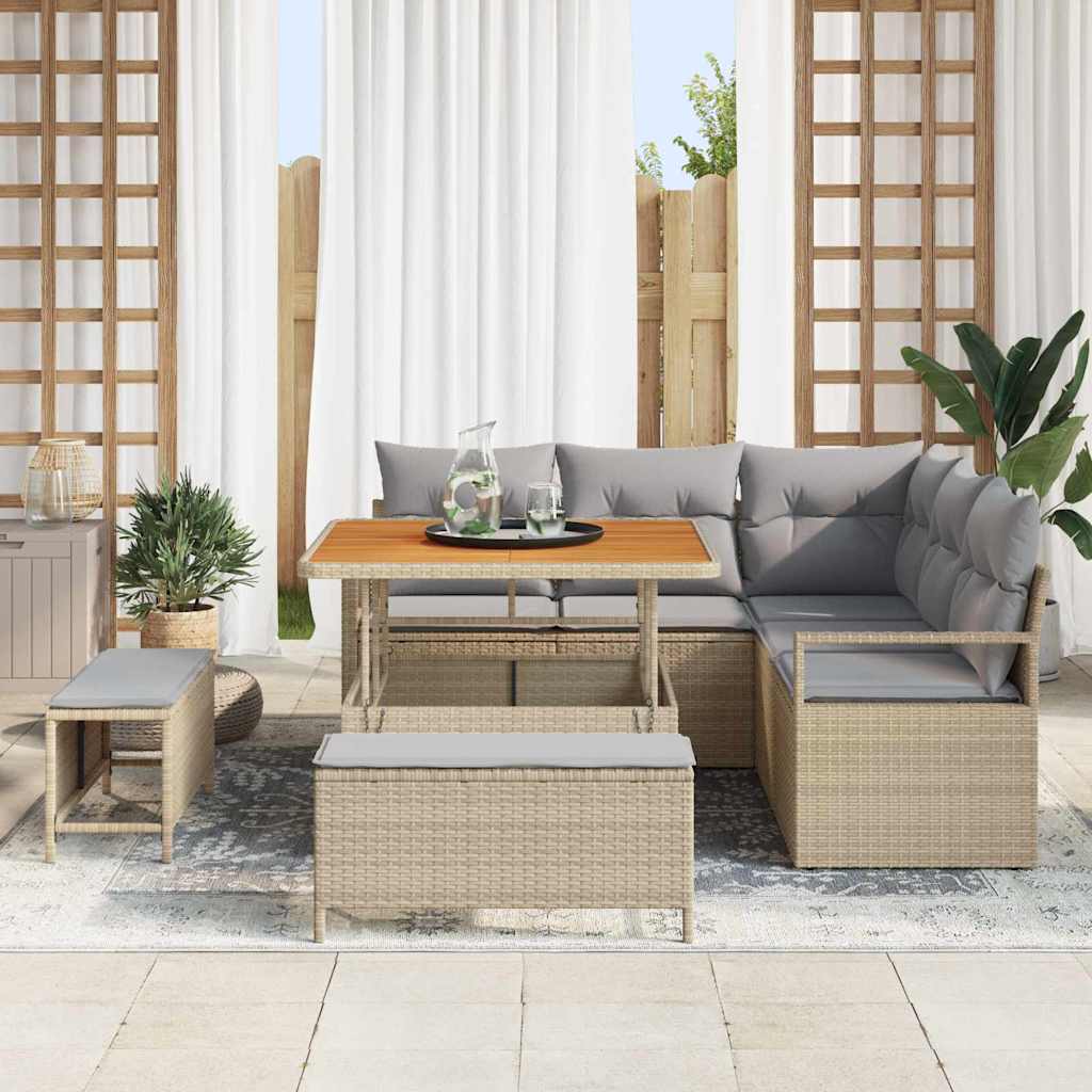 vidaXL 8-delige tuinsofa set met kussens in beige poly rattan en acacia