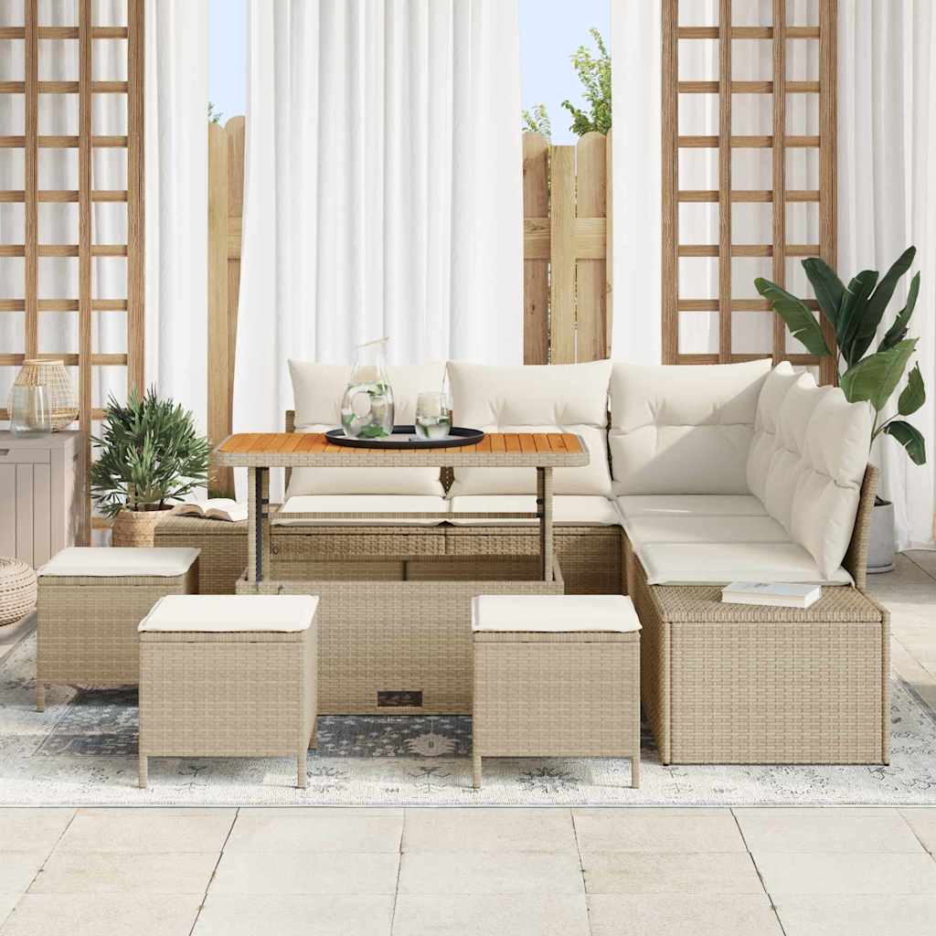 vidaXL 9-delige tuinsofa set met kussens in beige poly rattan en acacia