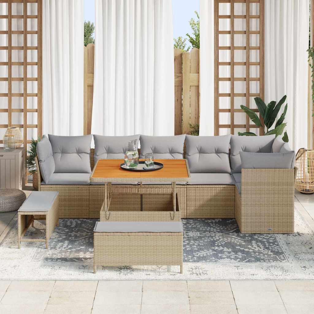 vidaXL 9-Delige Tuinset met Kussens - Beige, Poly Rattan, Acacia