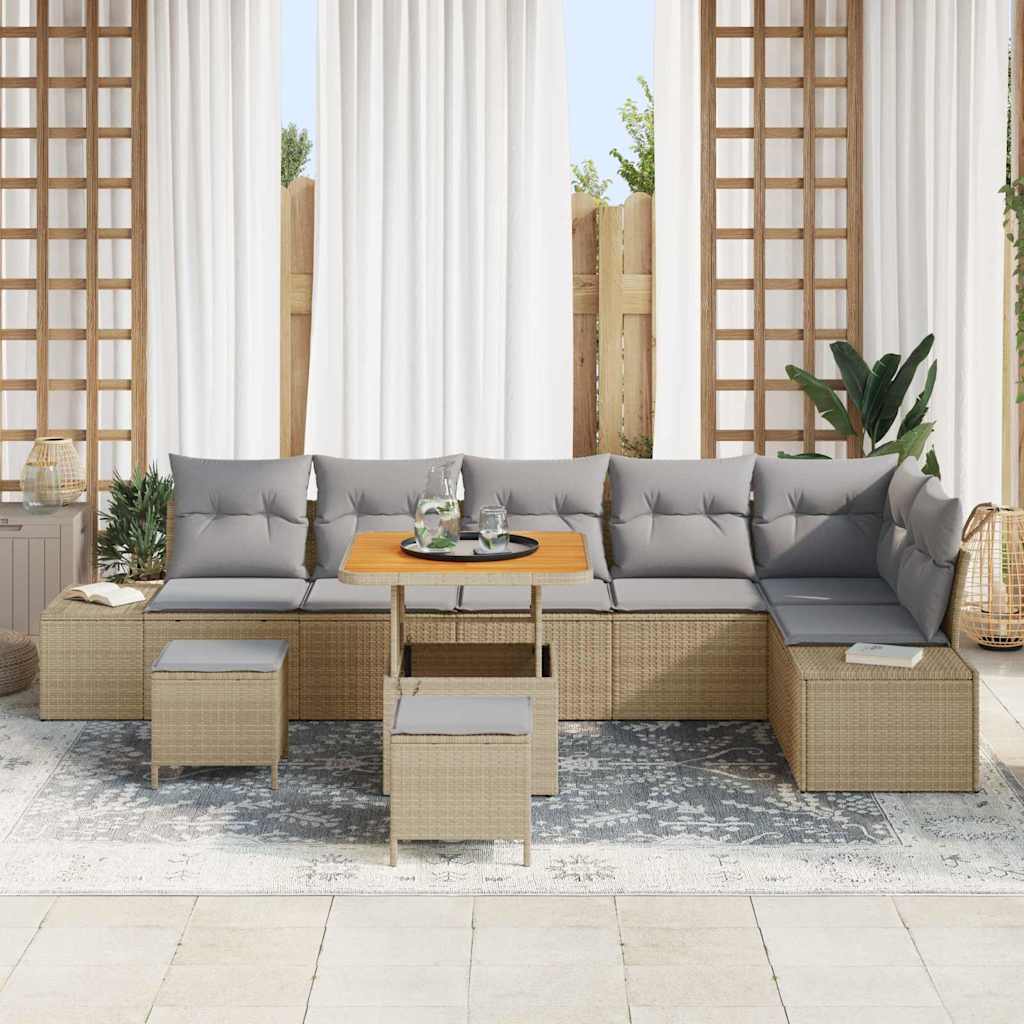 vidaXL 9-delige tuinsofaset met kussens in beige poly rattan en acacia.