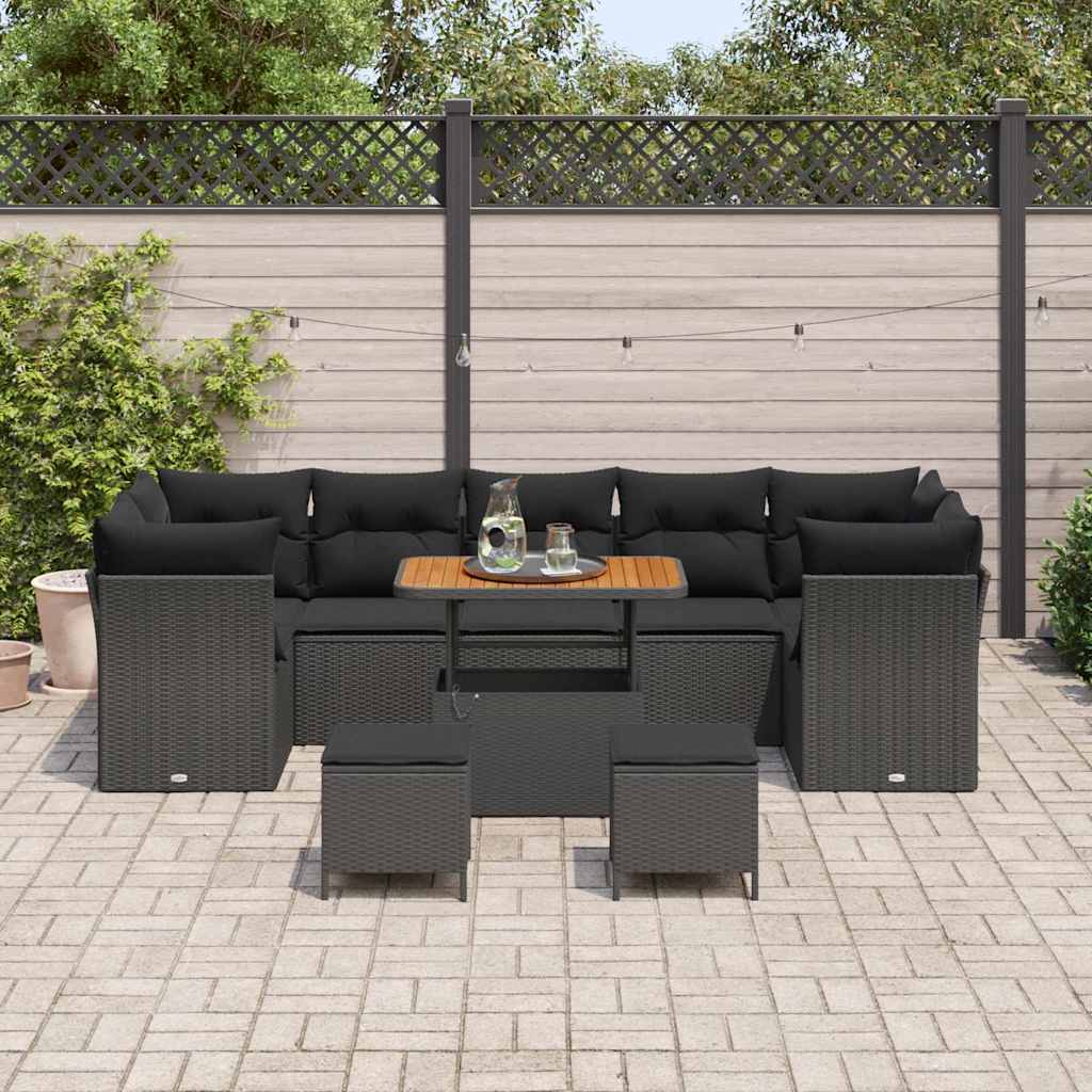 vidaXL 10-delige tuinset met kussens in zwart poly riet en acacia.