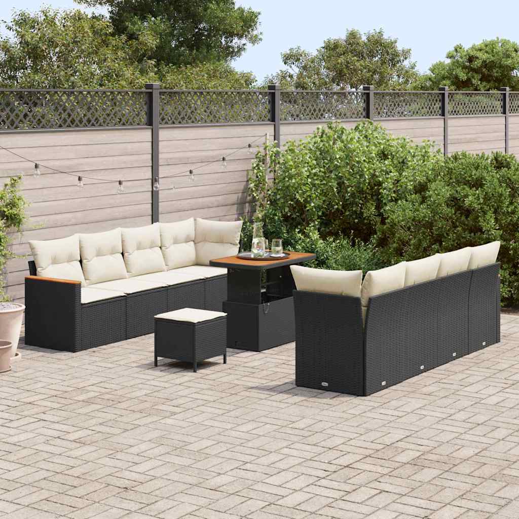 vidaXL 11-delige tuinsofa set met kussens in zwart poly rattan en acacia.