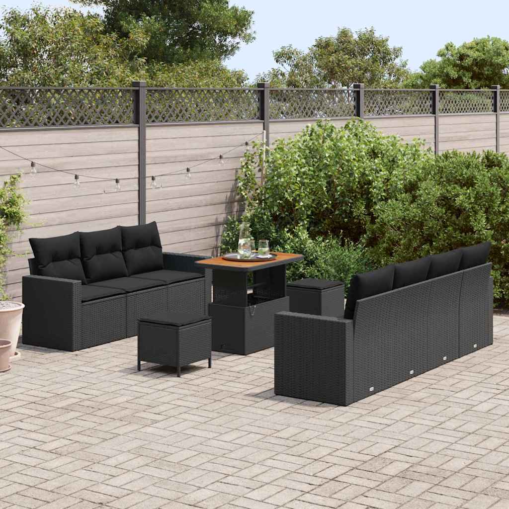 vidaXL 10-delige tuinsofa set met kussens in zwart poly rattan en acacia.
