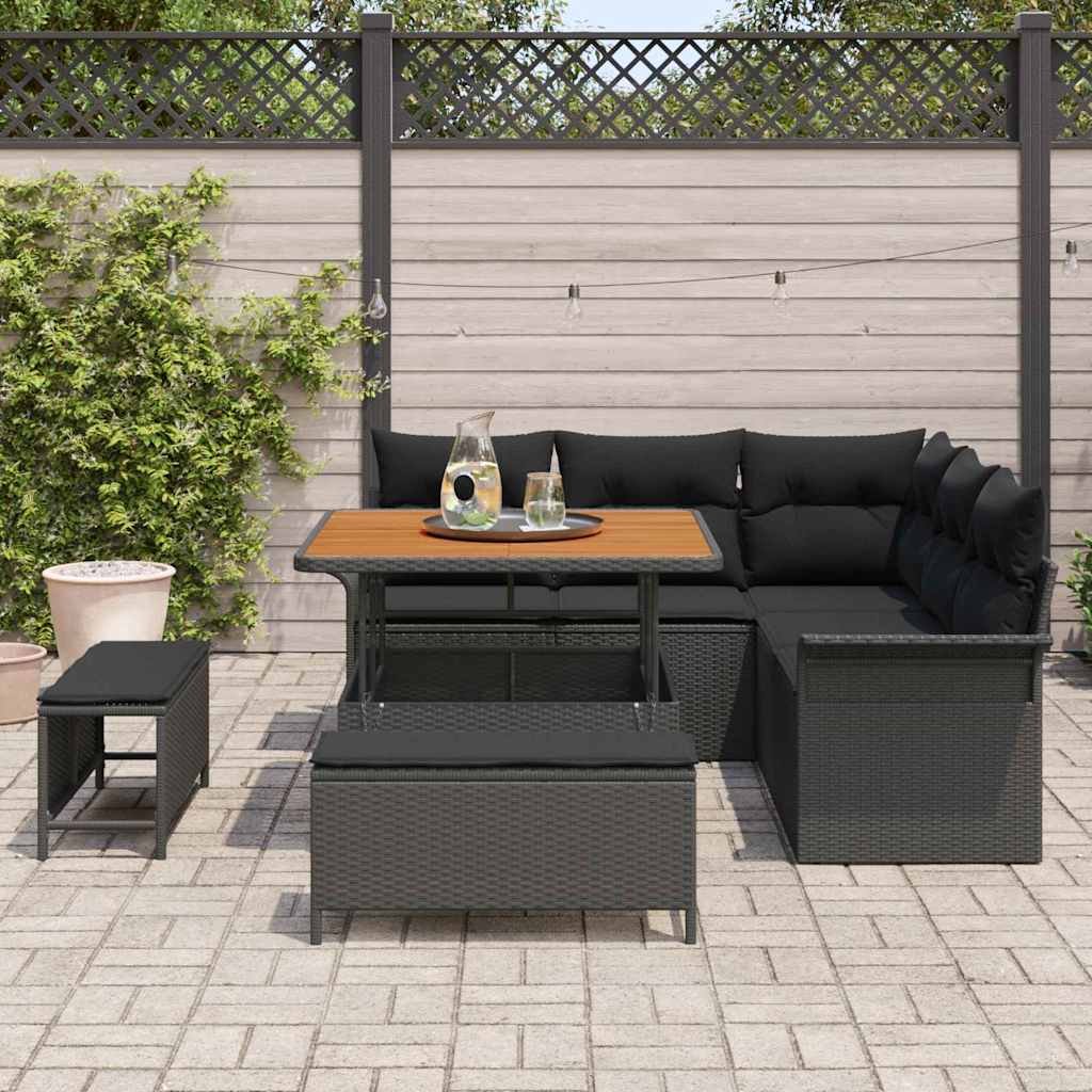 vidaXL 8-delige tuinbankset met kussens, zwart poly rattan, acacia