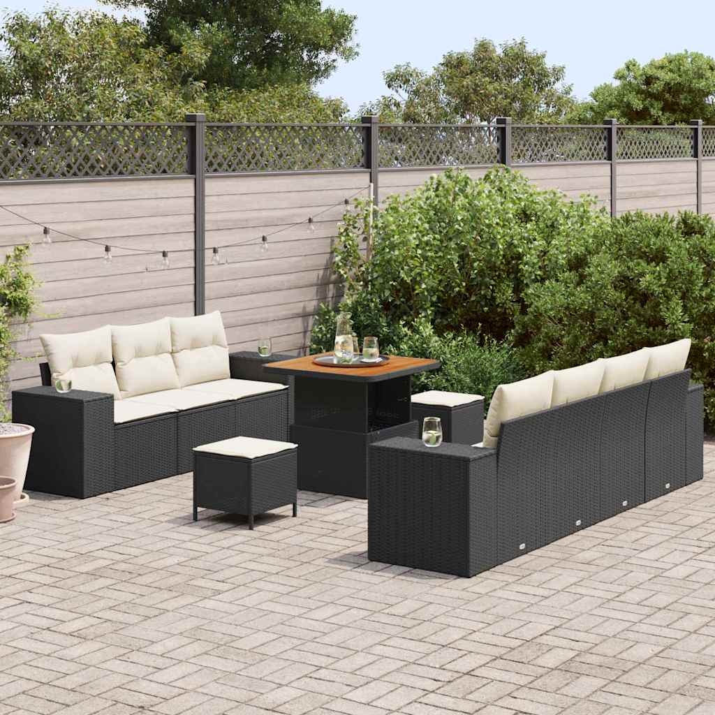 vidaXL 10-delige tuinsofa set met kussens in zwart poly rattan met acacia