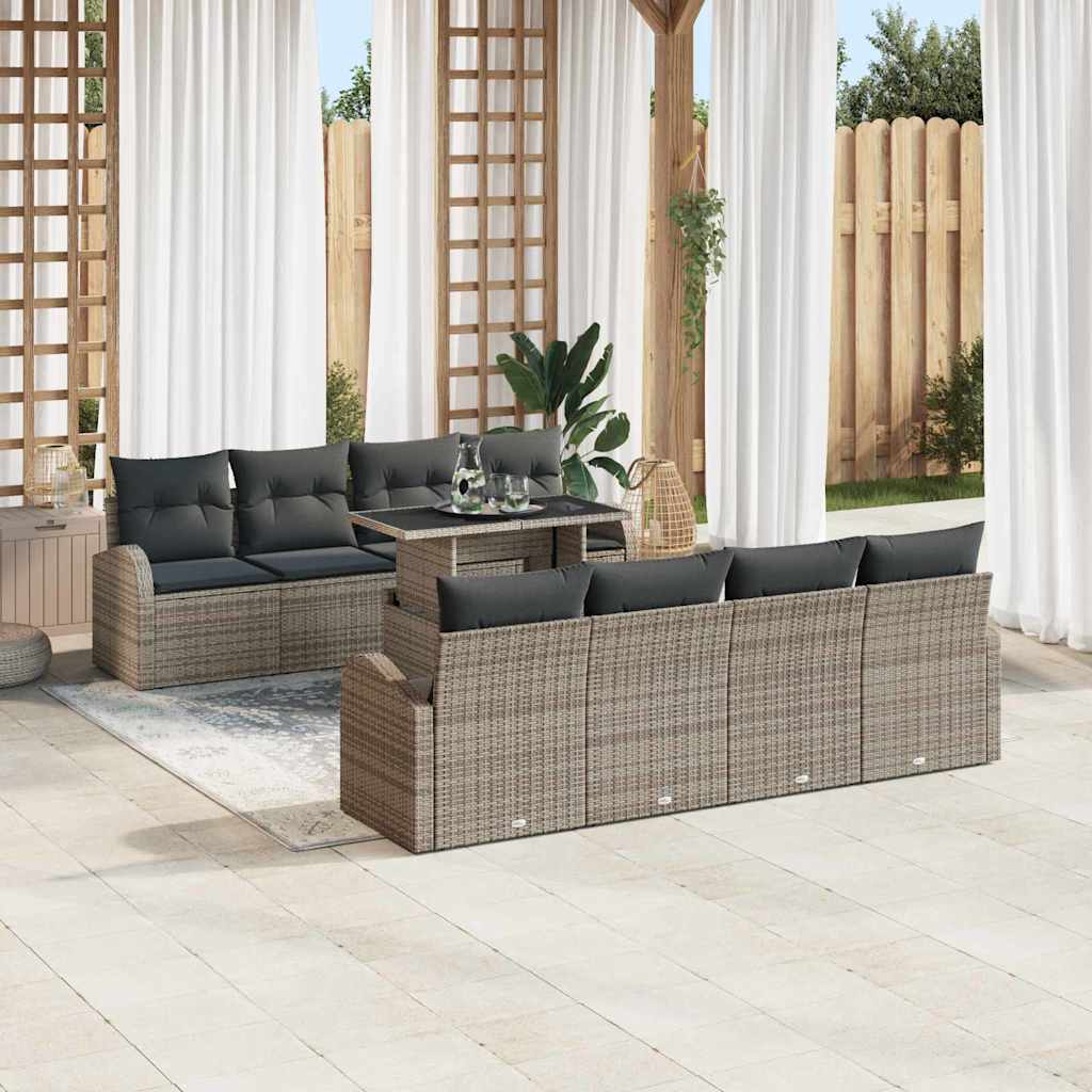 vidaXL 9-delige tuinset met kussens in het grijs van poly rattan