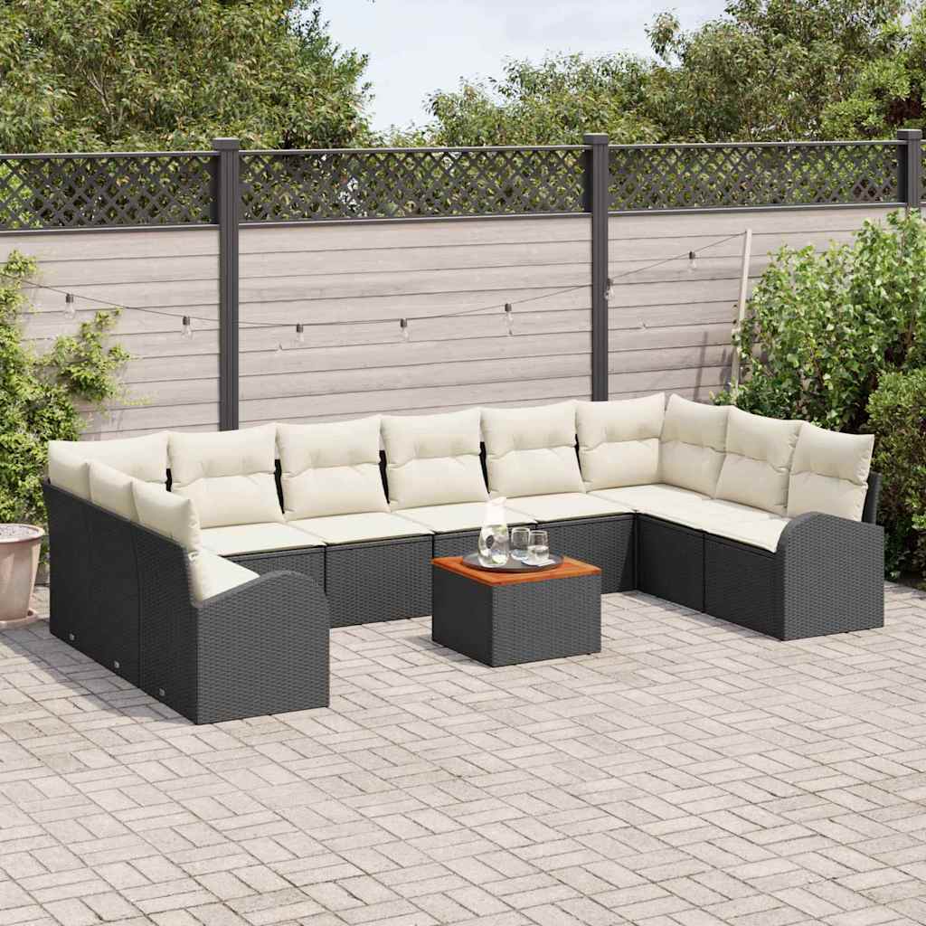 vidaXL 11-delige tuinbankset met zwarte poly rattan en kussens