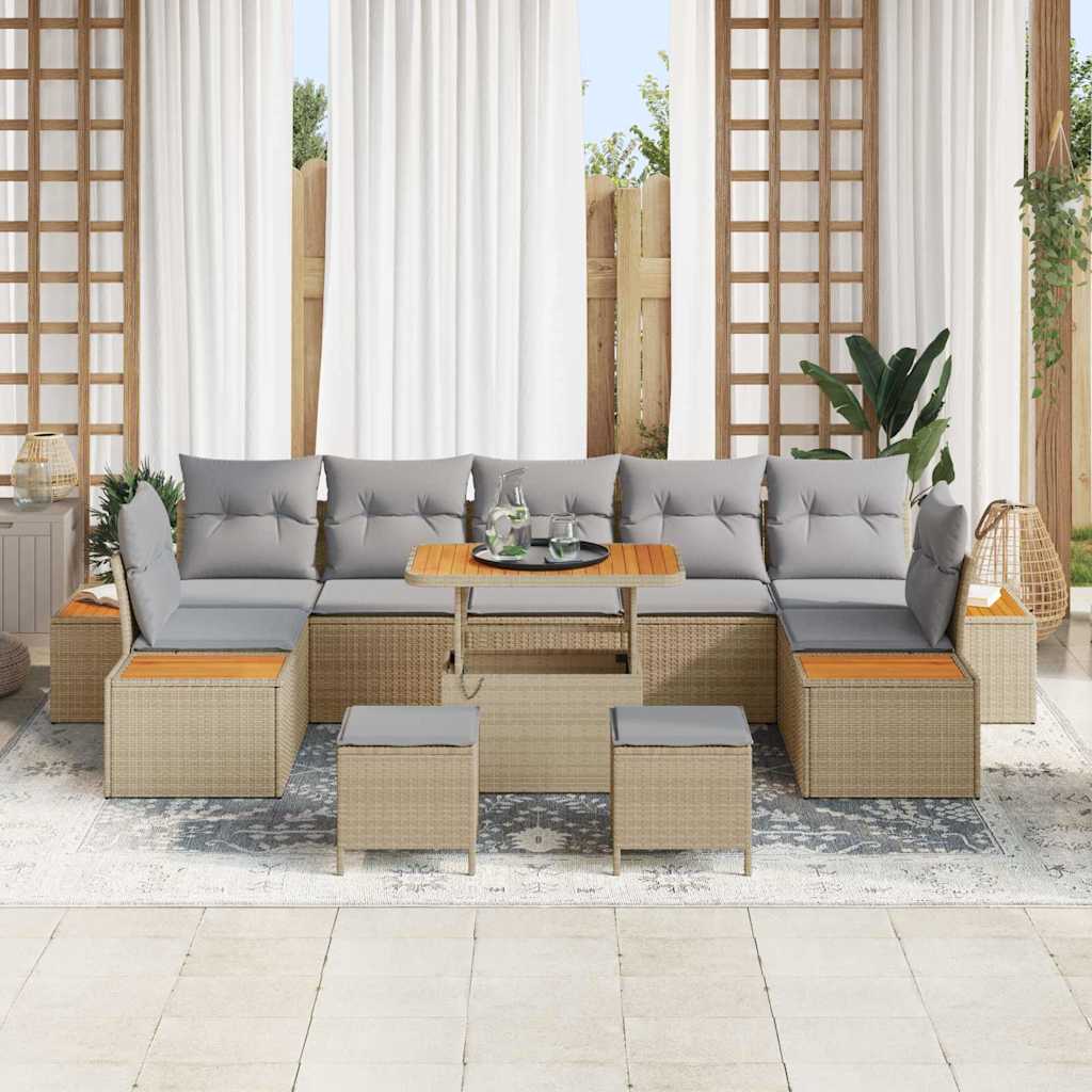 vidaXL 10-delige tuinbankset met kussens in beige poly rattan en acacia