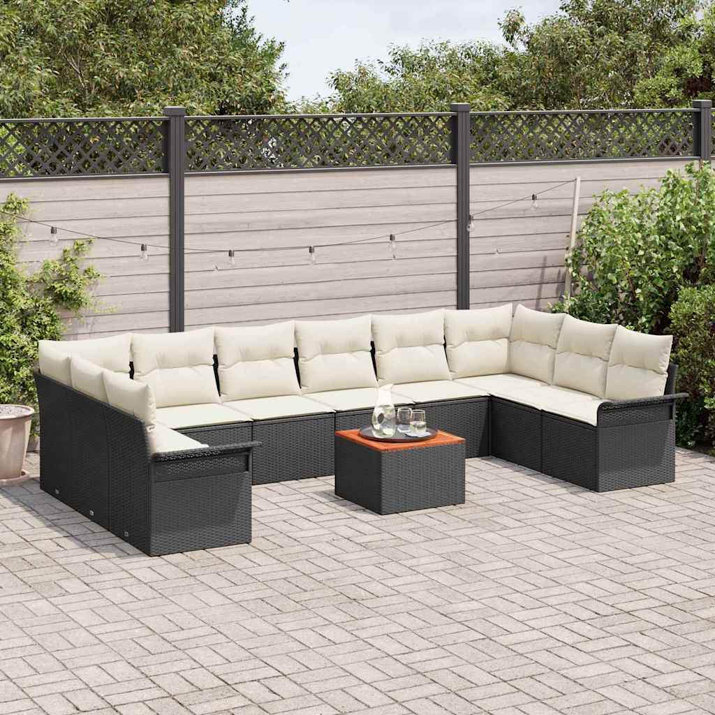 vidaXL  11-delige tuinsofa set met kussens, van zwart poly rattan en acacia.