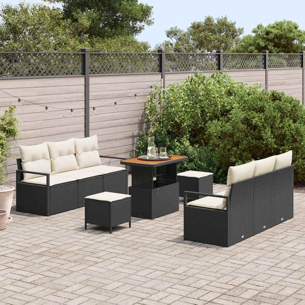 vidaXL 9-delige tuinbankset met kussens in zwart, poly rattan en acacia.
