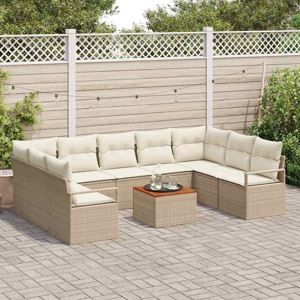 vidaXL 10-delige tuinsofa set met kussens in beige poly riet en acacia