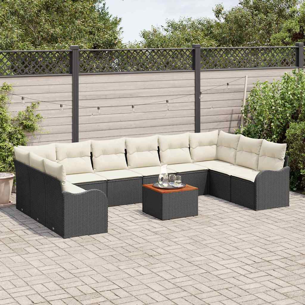 vidaXL 11-delige tuinbankset met kussen zwart poly rattan acacia