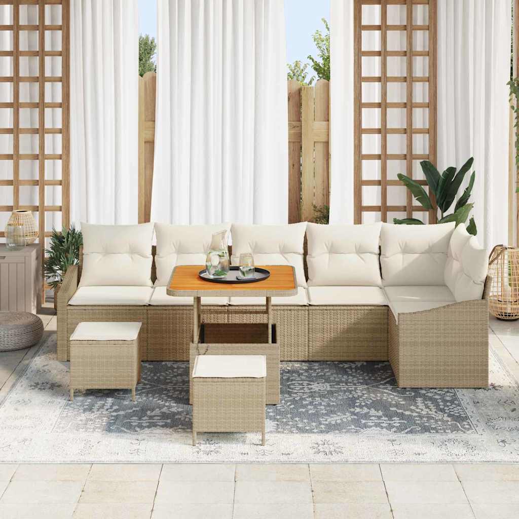 vidaXL 9-delige tuinsofa set met kussens in beige, van poly rattan en acacia