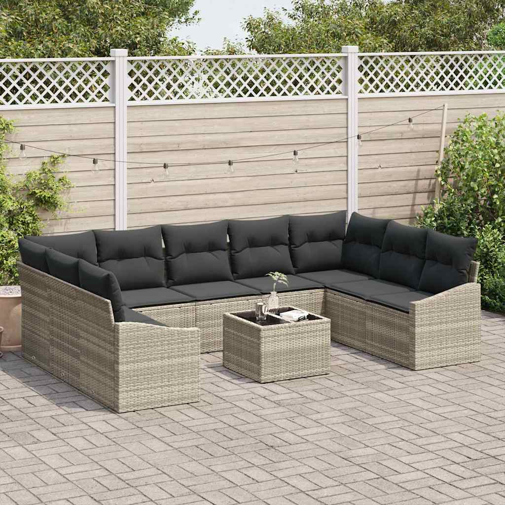 vidaXL 10-delige tuinbank set met kussens in grijs poly rattan