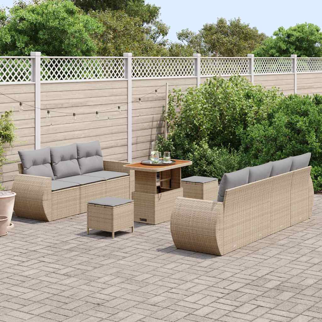 vidaXL 10-delige tuinset met kussens in beige poly rattan en acaciahout