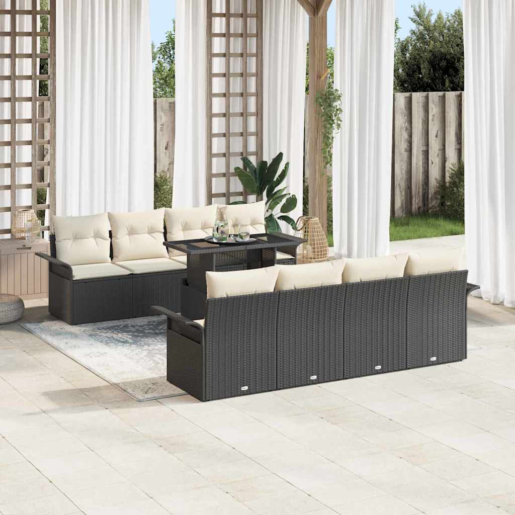 vidaXL 9-delige tuinset met kussens zwart poly rattan