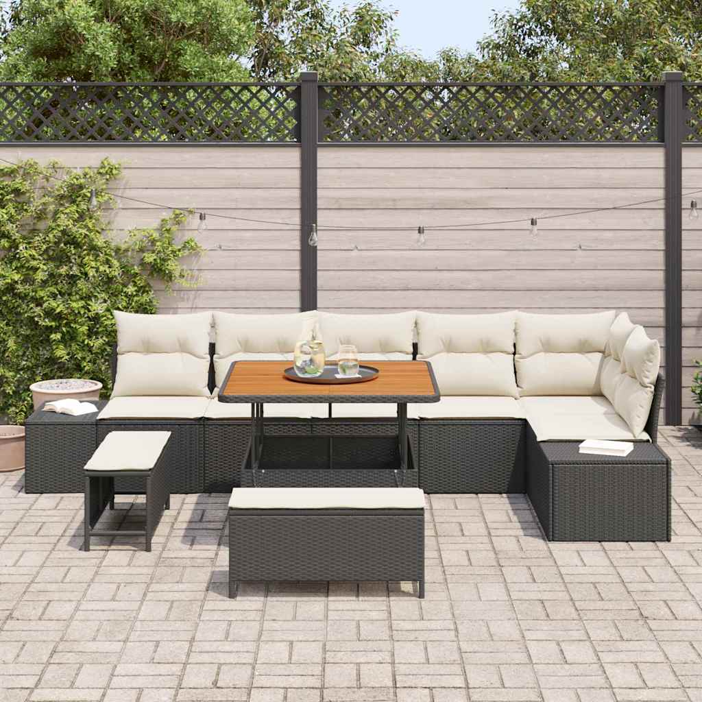 vidaXL 9-delige tuinset met kussens in zwart poly rattan en acacia