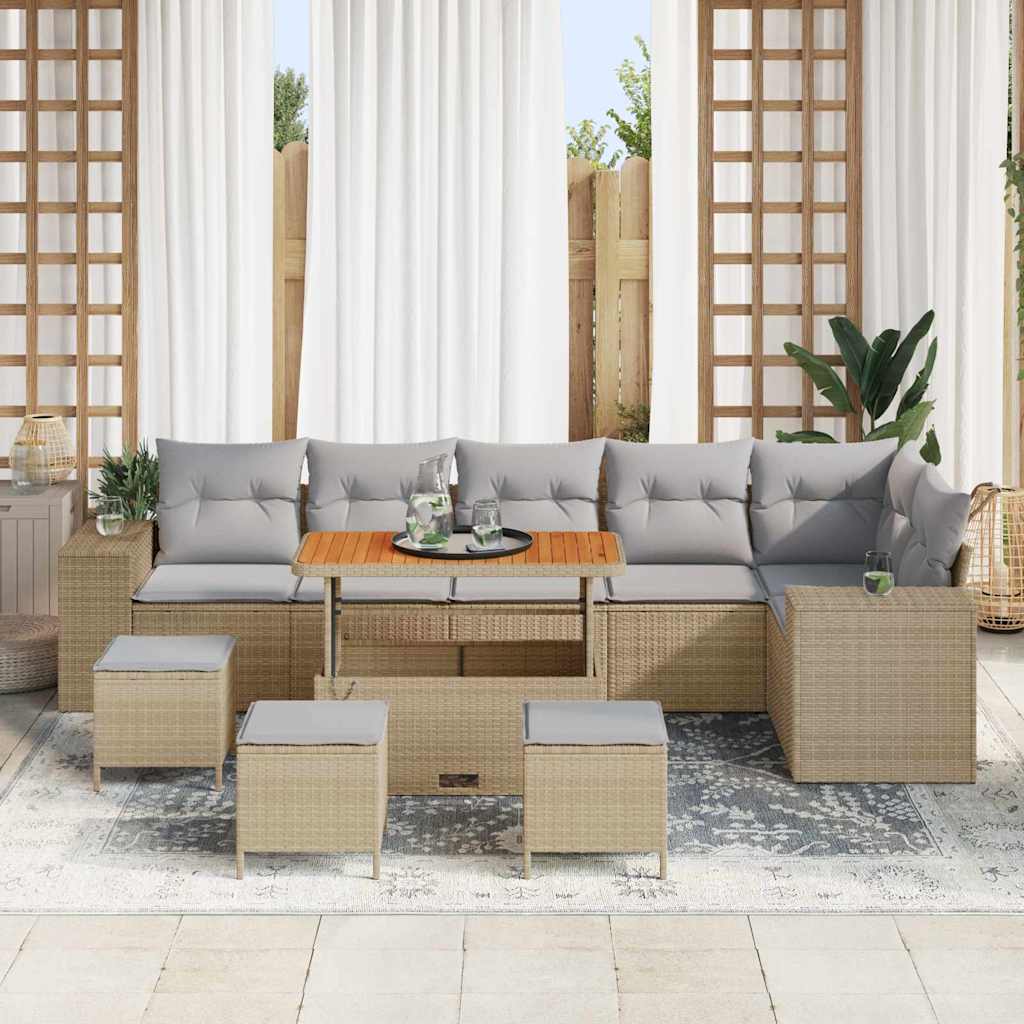 vidaXL 10-delige tuinsofa set met kussens in beige poly rattan en acacia hout.