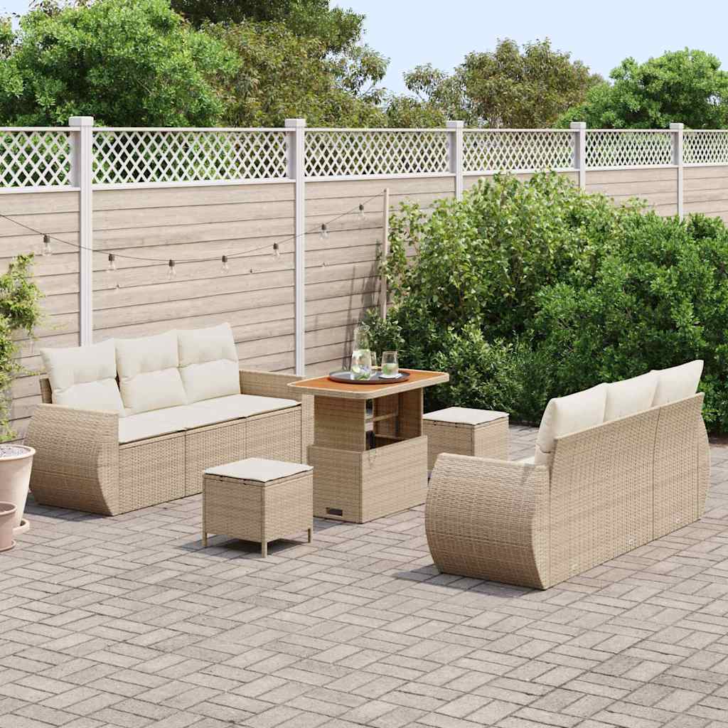 vidaXL 9-delige tuinset met kussens in beige poly rattan en acacia