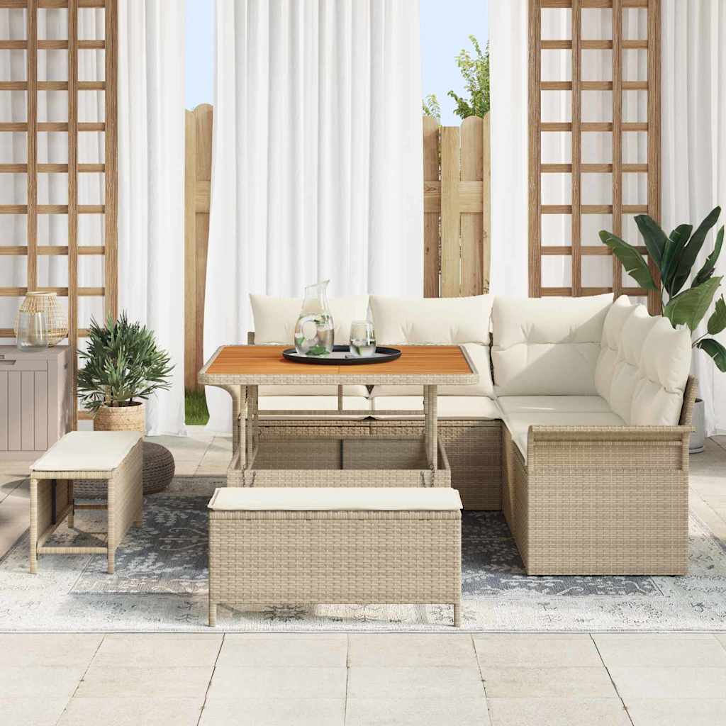 vidaXL 8-delige tuinbankset met kussens in beige poly rattan en acaciahout