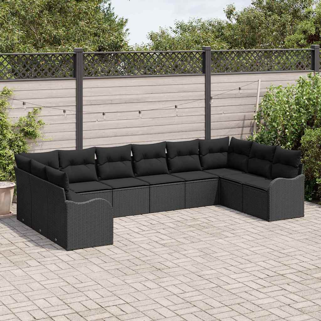 vidaXL 10-delige Tuinbank Set met Kussens - Zwart Poly Rattan