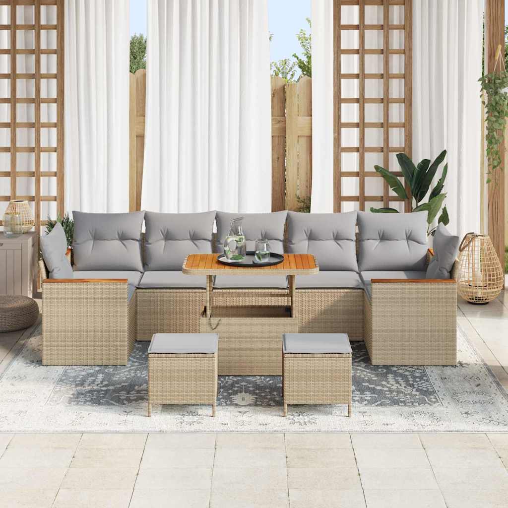 vidaXL 10-delige Tuinbank Set met Kussens Beige, Poly Riet, Acacia