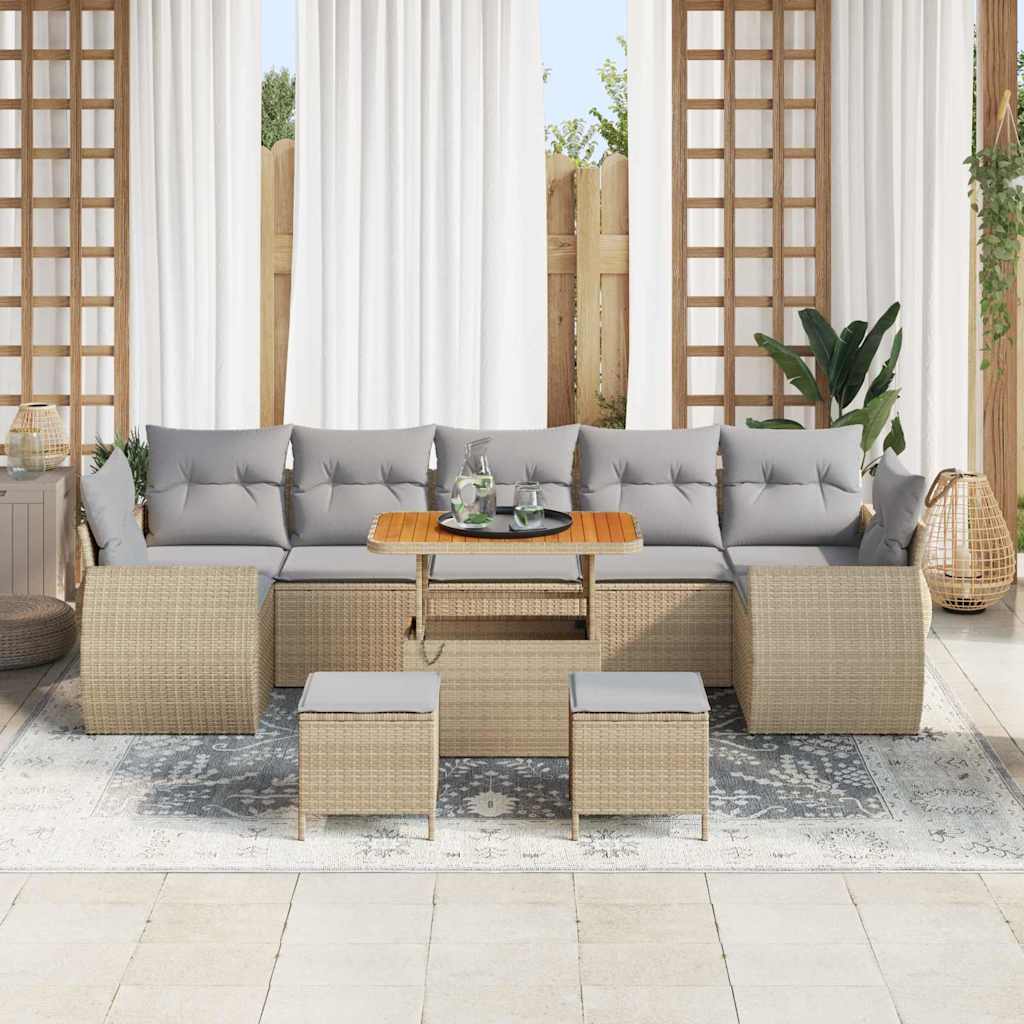 vidaXL 10-delige tuinbankset met kussens in beige poly rattan en acacia