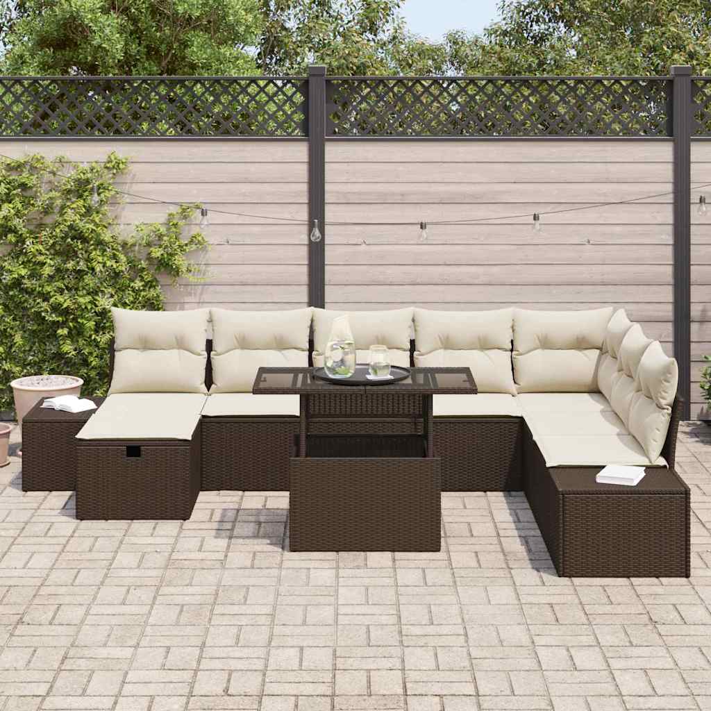 vidaXL 9-delige tuinsofa set met kussens in bruin poly riet