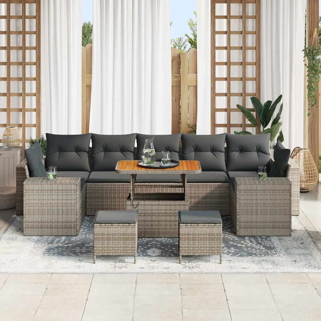 vidaXL 10-delige tuinbankset met kussens in grijs poly rattan en acacia