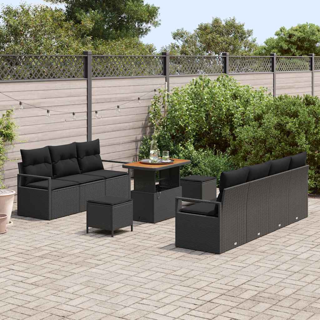 vidaXL 10-delige tuinbankset met kussens in zwart poly rattan en acacia