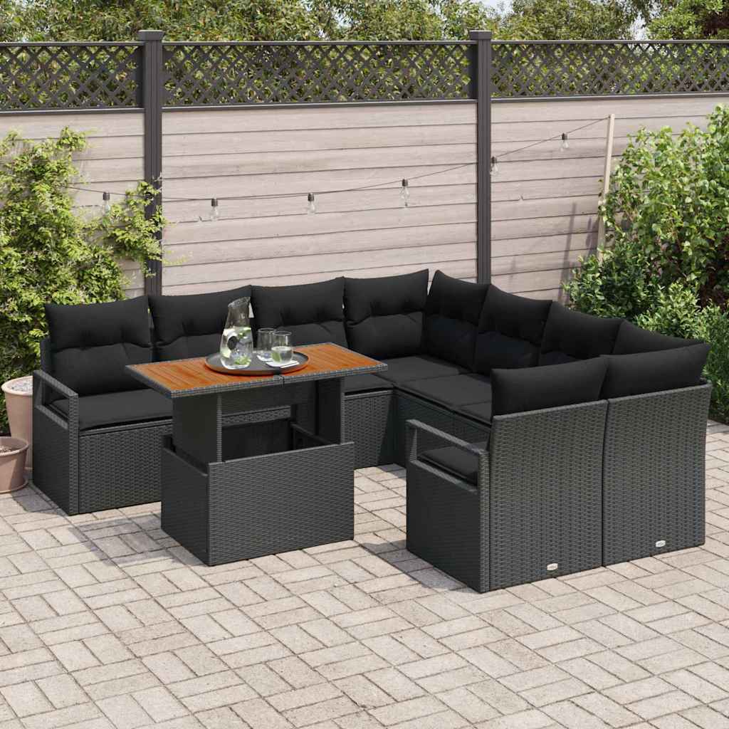 vidaXL 9-delige tuinbankset met kussens in zwart poly rattan