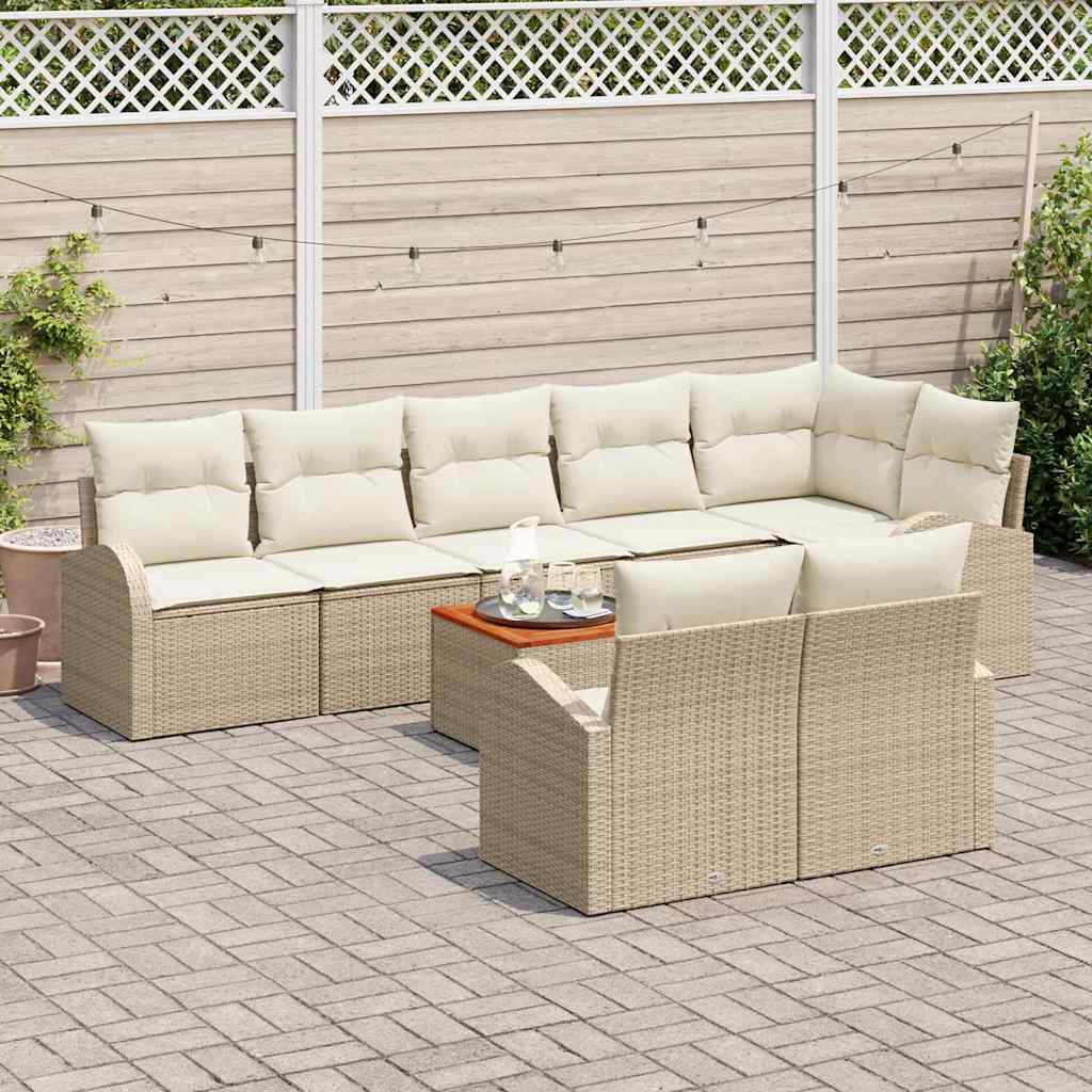 vidaXL 9-delige tuinset met kussens - Beige poly rattan en acaciahout