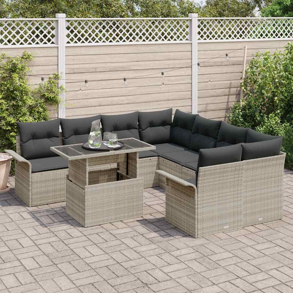 vidaXL 9-delige Tuinset met Kussens Lichtgrijs Poly Rattan