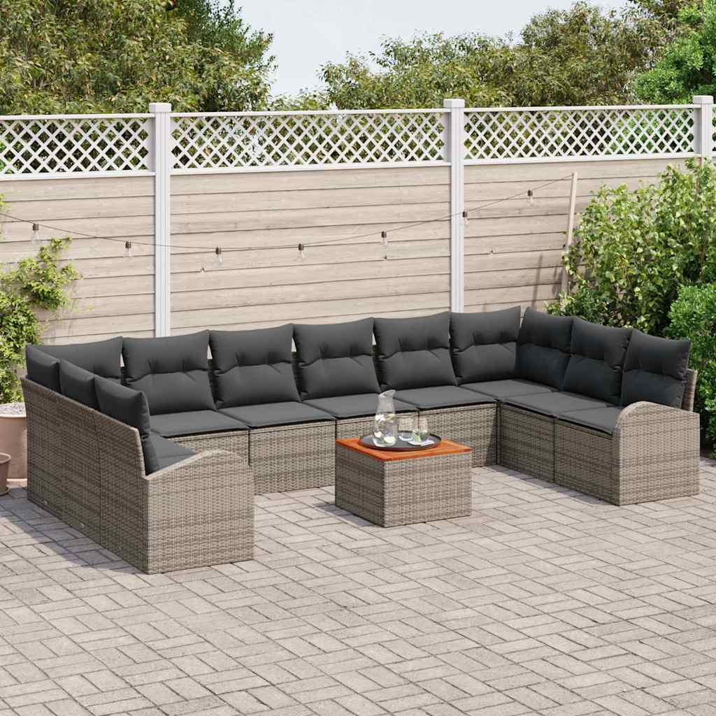 vidaXL 11-delige tuinset met grijze kussens van poly riet en acacia