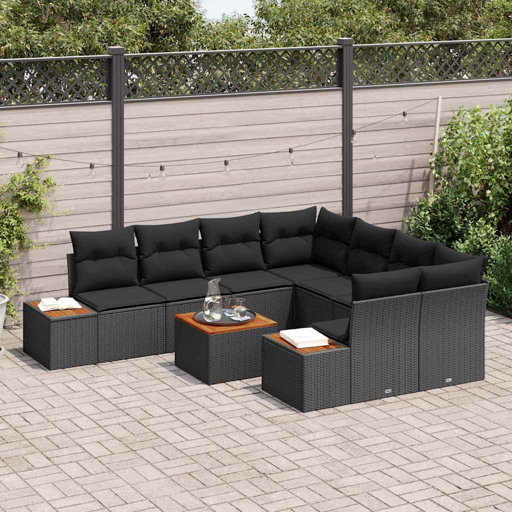 vidaXL 9-delige Tuinbankenset met kussens poly rattan acacia zwart