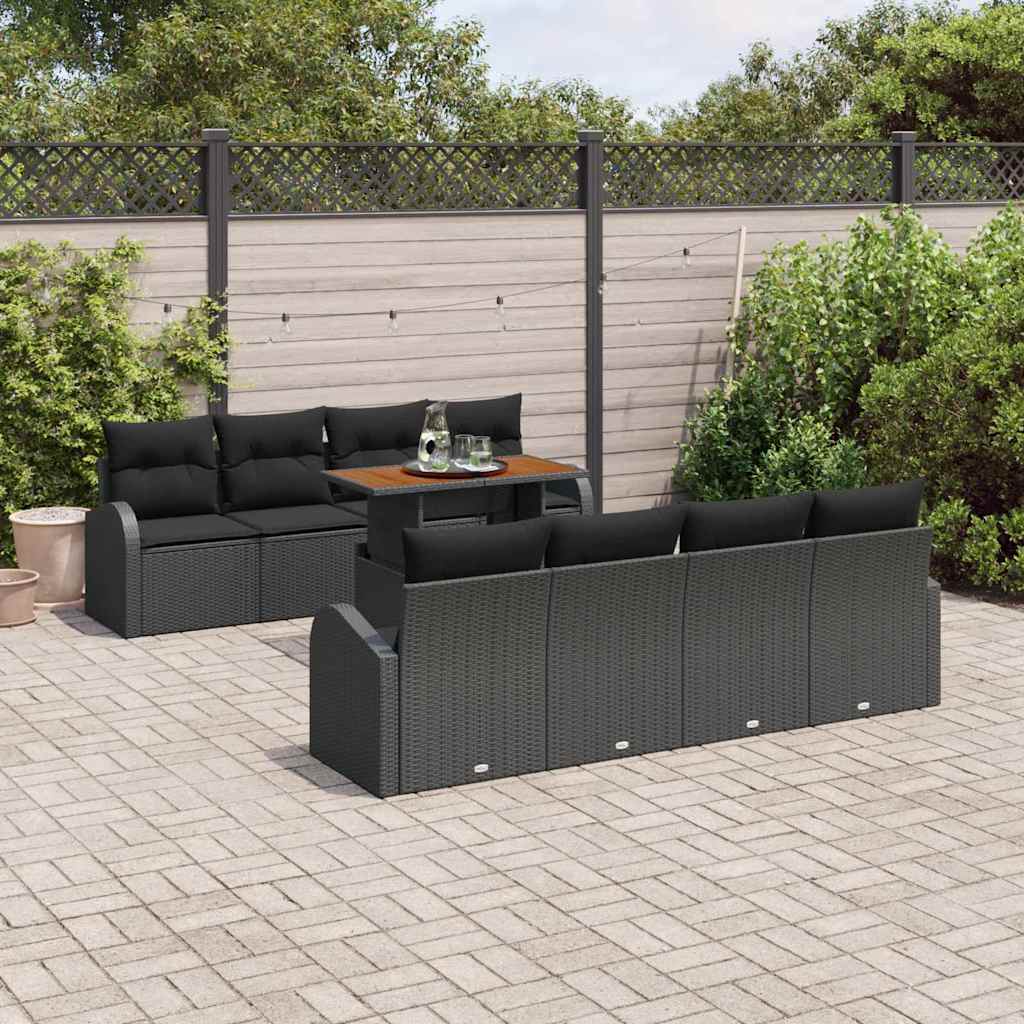 vidaXL 9-delige tuinset met zwarte poly rieten kussens