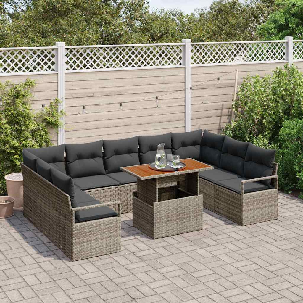 vidaXL 10-delige tuinset met kussens in grijs poly rattan