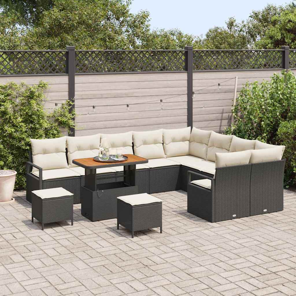 vidaXL 12-delige Tuinbank Set met Kussens - Zwart Poly Riet en Acacia Hout