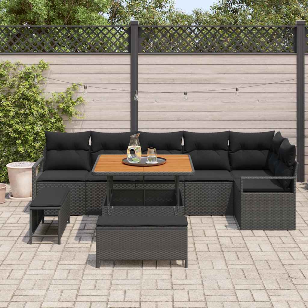 vidaXL 9-delige tuinsofa set met kussens in zwart poly rattan en acacia