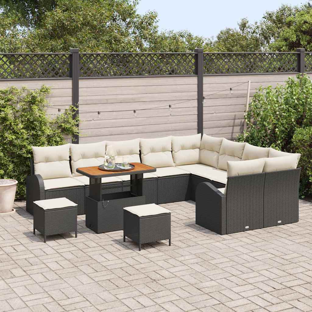 vidaXL 12-delige Tuinbankset met Kussens, Zwart Poly Rattan en Acacia Hout
