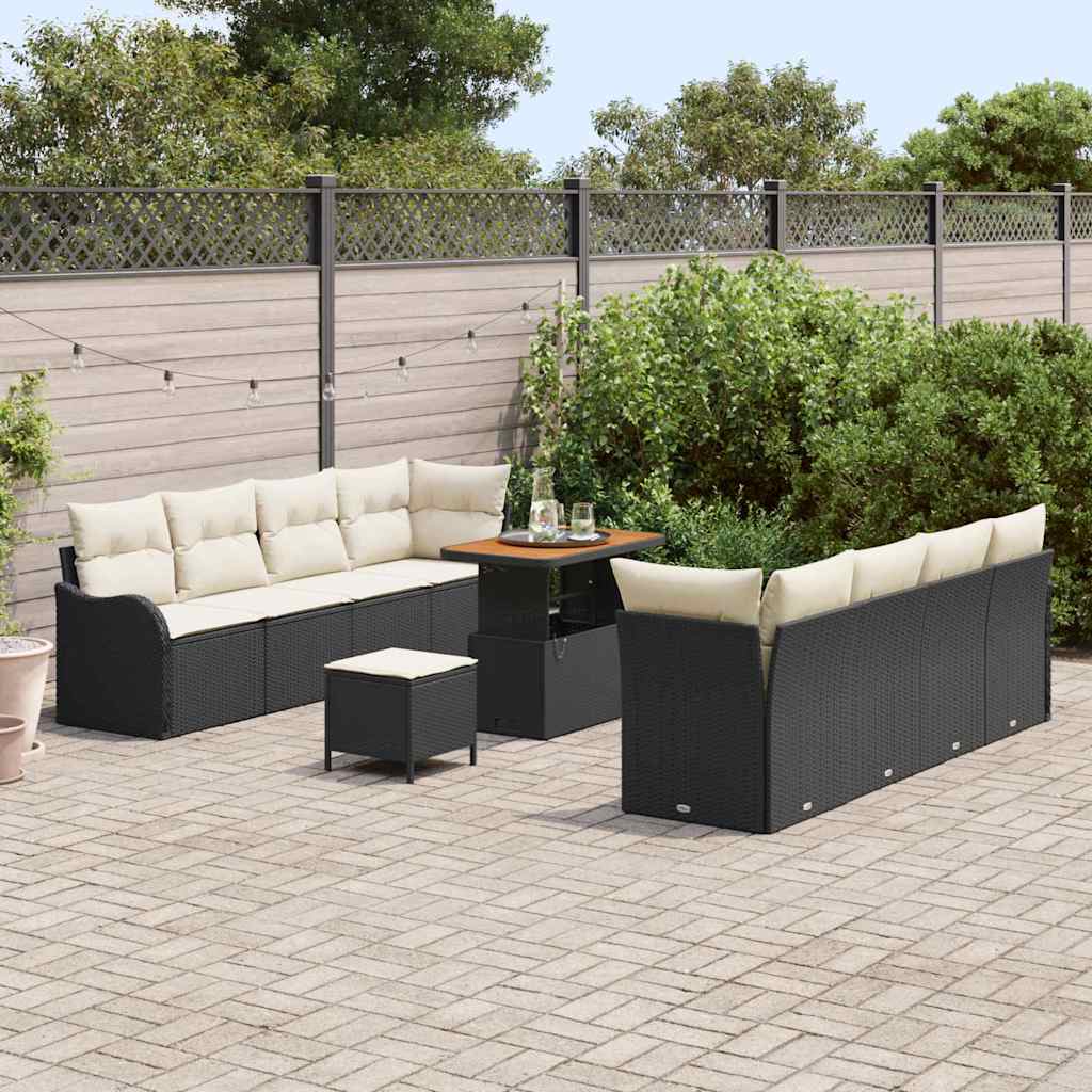 vidaXL 11-Delige Tuin Sofaset Met Kussens Zwart Poly Rattan Acacia